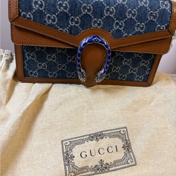 Gucci GG Canvas Denim Leather Brown and Blue Chain Shoulder Bag - Picture 5 of 10